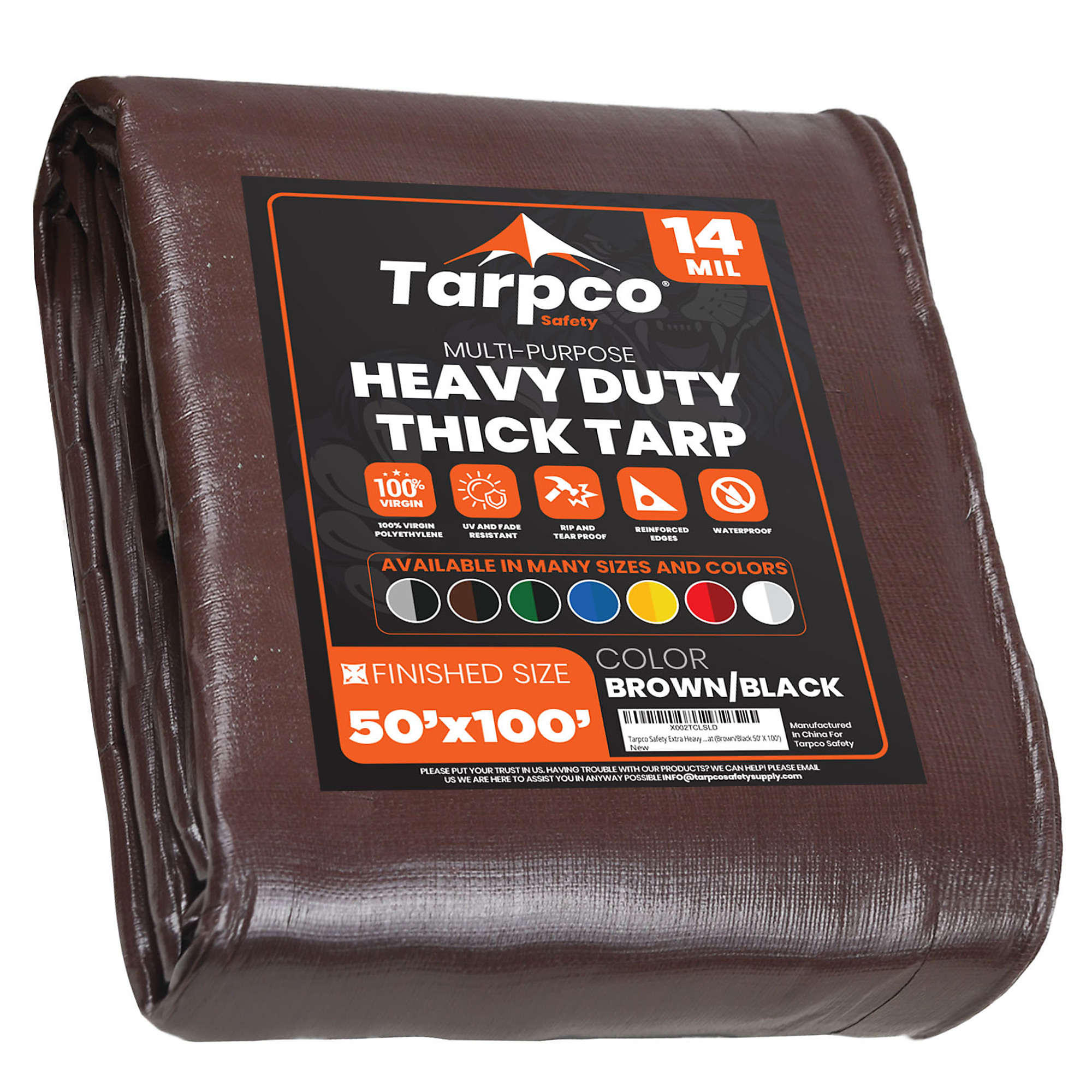 Tarpco Safety Extra Heavy Duty Tarp Cover — 14 Mil, Waterproof, UV Resistant, Rip and Tear Proof, Poly Tarpaulin, Reinforced Edges, 50ft. x 100ft., Brown/Black, Model# TS-102-50X100